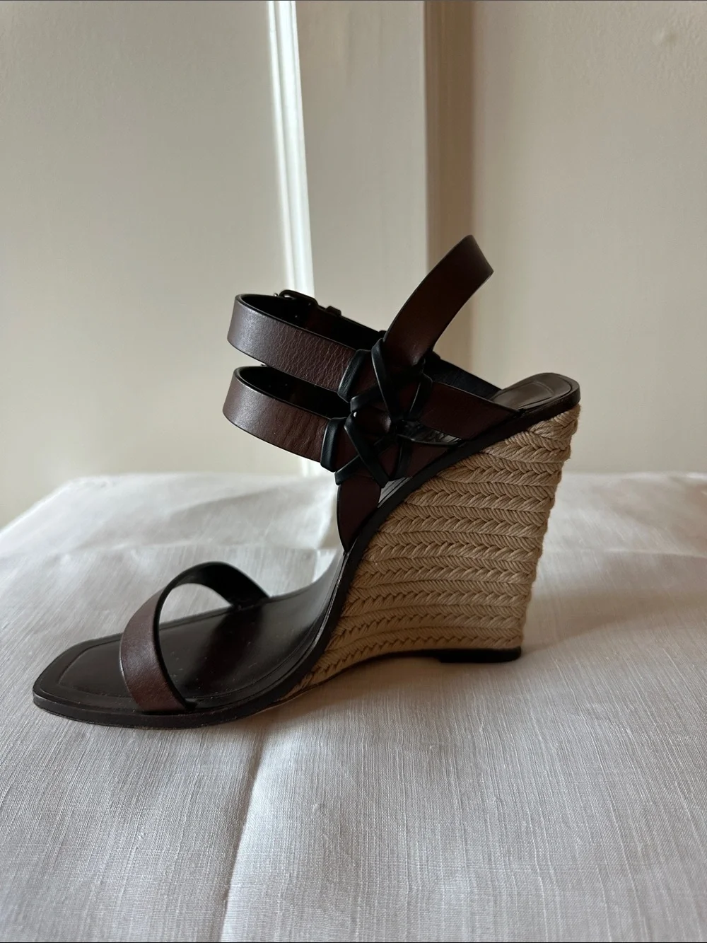 Saint Laurent Brown Leather Wedge Sandals with Espadrille Heel
